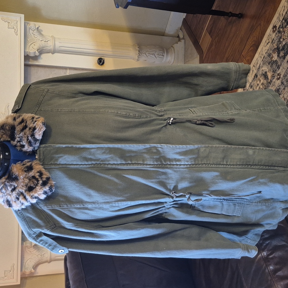 Torrid: Olive Green Twill & Leopard Collar Faux Fur Lined Anorak Coat(1847A)
